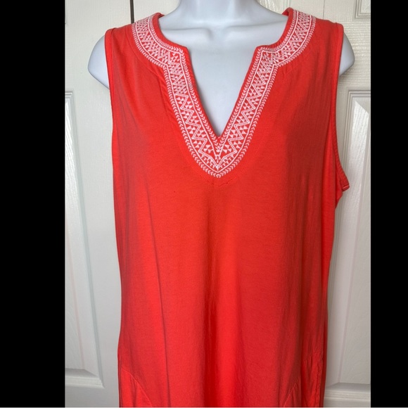 LANDS END Embroidered Dress Orange White Pockets Cotton Split VNeck Swim Cover - Picture 3 of 9